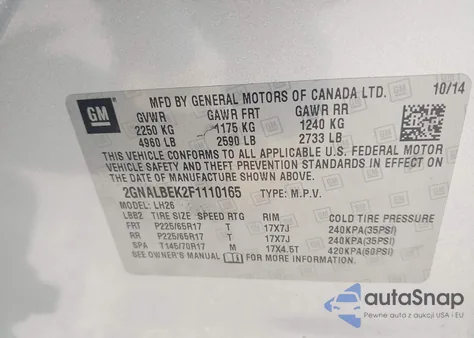 2015 Chevrolet Equinox 1Lt из США, поврежденный, VIN 2GNALBEK2F1110165